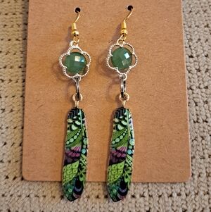 St. Patrick's Day Clover and Feather Earrings In Emerald Green and Purple hues